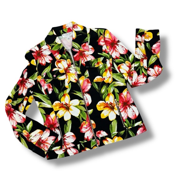 Vintage St. John Sport Tropical Flower Print Denim Jacket Black Yellow Small - Picture 11 of 11
